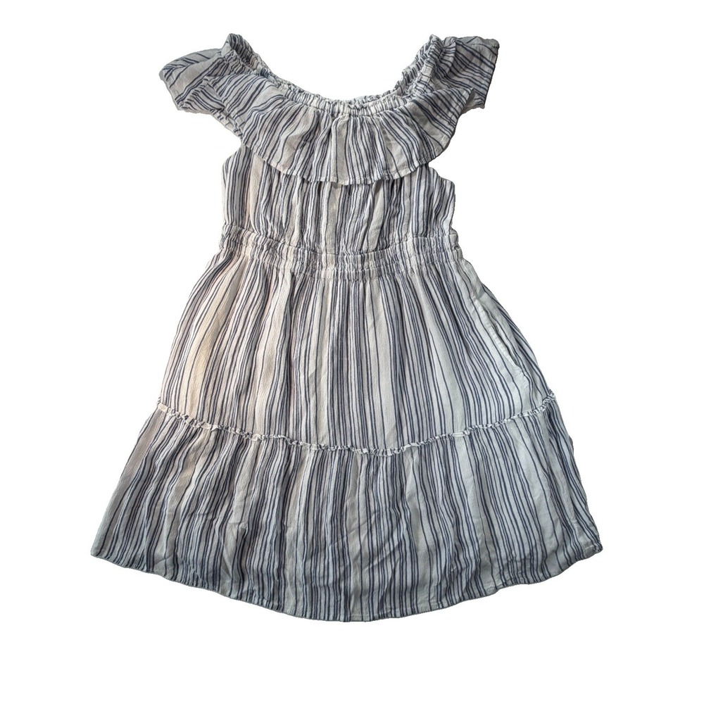 Tommy Bahama Dress Women's L Blue White Stripe Off Shoulder Ruffle Tiered Resort
